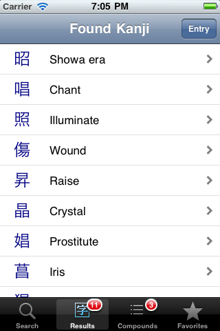 list of the found kanji Results tab